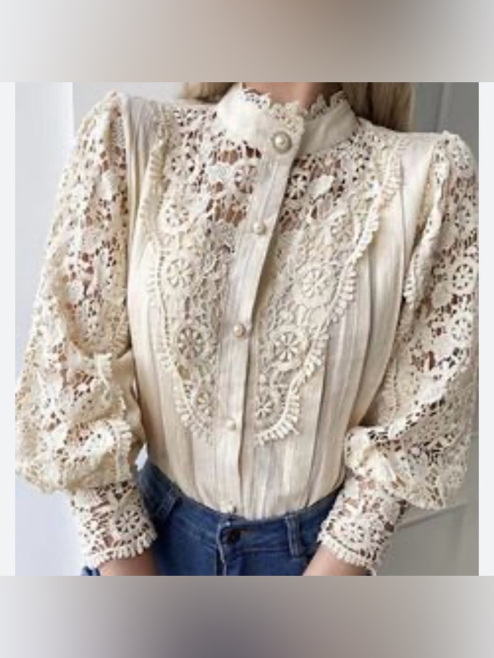 Vintage Trachten Top Cream Lace Crochet Broderie Anglaise Puff Sleeve 00’s Sz M
